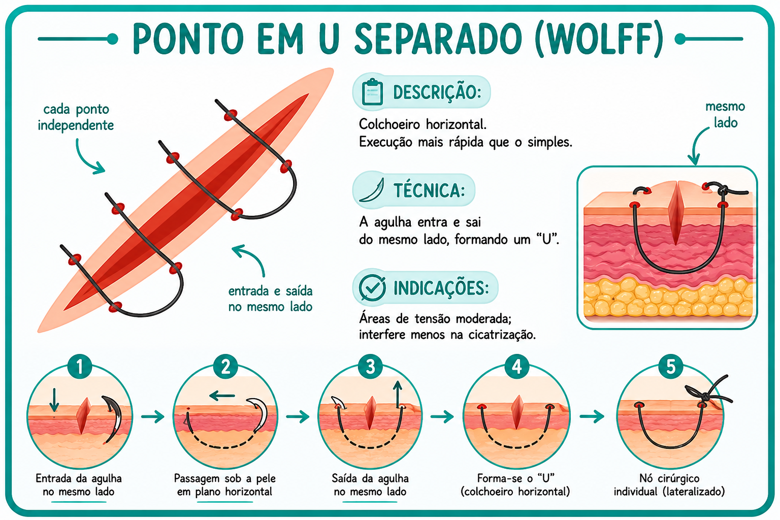 Ilustração da técnica Ponto em U Separado (Wolff)